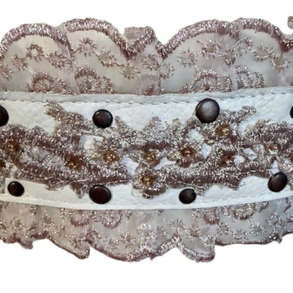 Betsey Johnson Leather Lace Embroidered White Pink Y2K Cottage Core Belt Medium main image 14